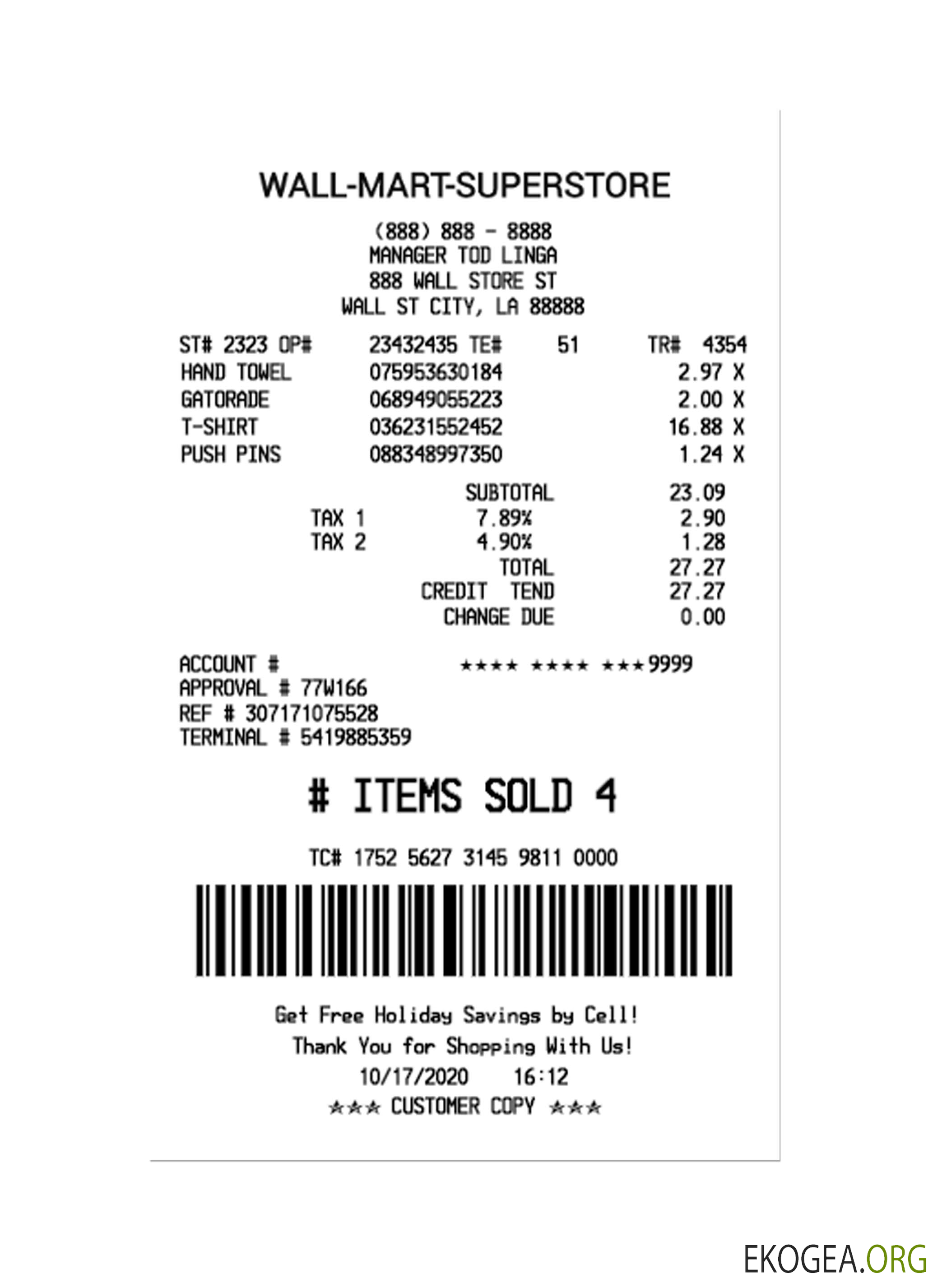 Reçu de paiement WALL, MART, SUPERSTORE